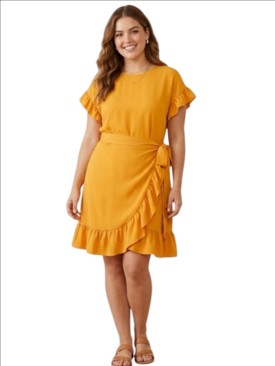 Wilfred Dresses & Skirts - ARITZIA WILFRED Ninette round neck ruffles faux wrap dress in Tuscan Sun yellow